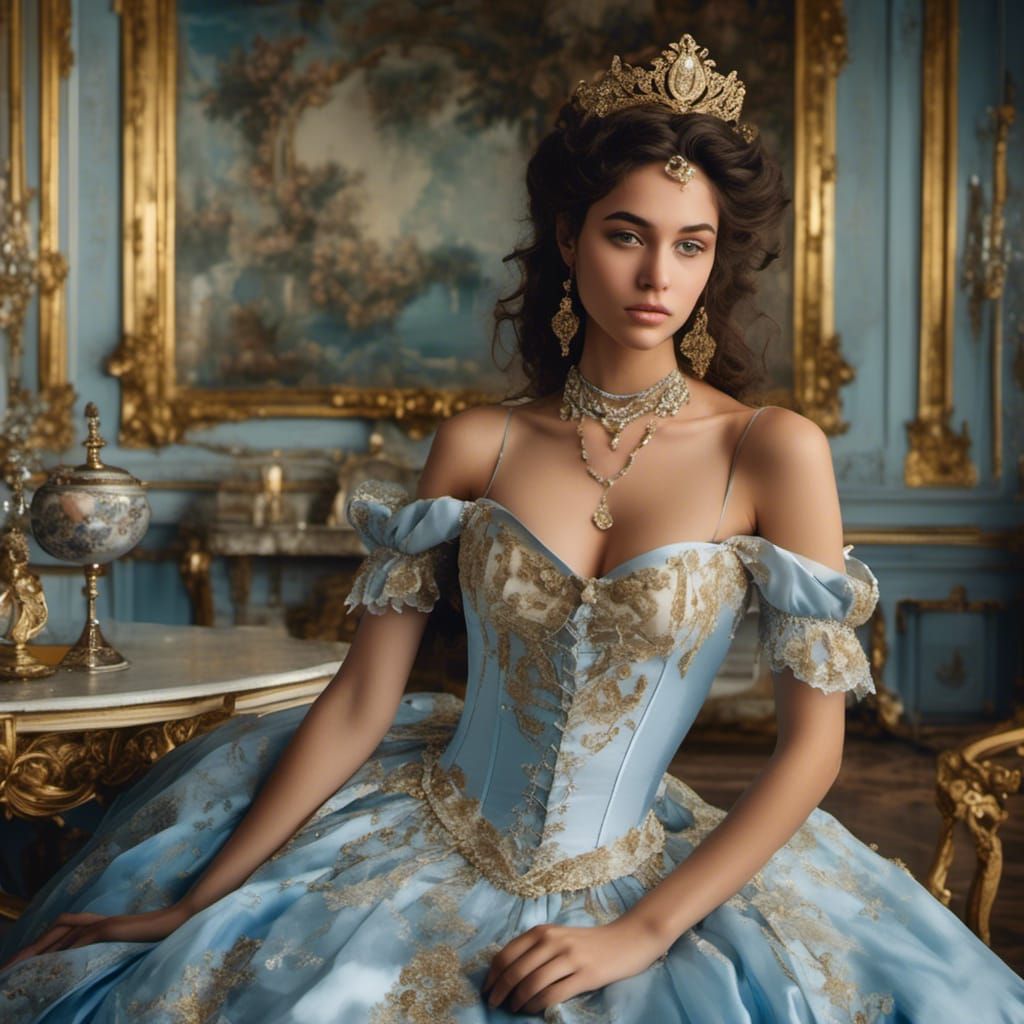 Izabel in a blue silk rococo dress