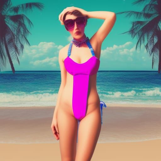 Vaporwave bikini girl beach
