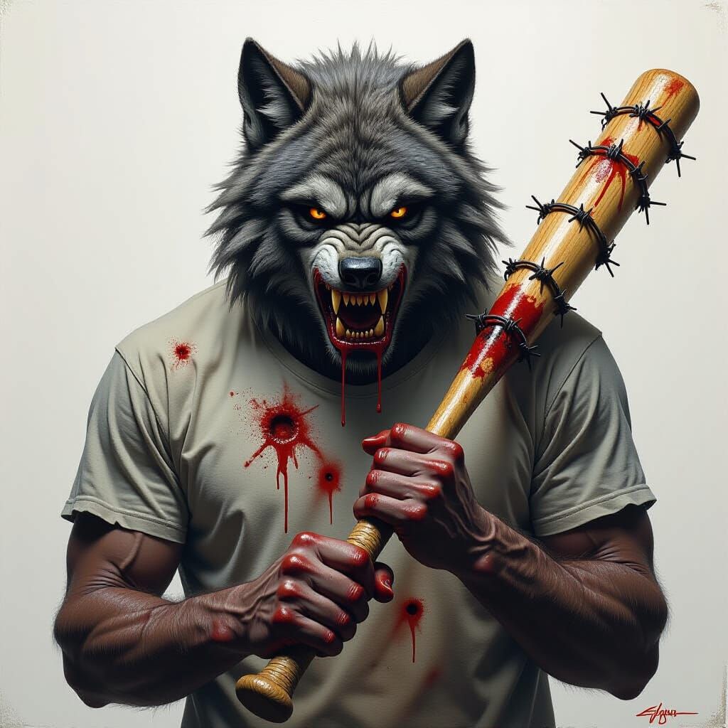 Werewolf with Barbed Wire Bat in Giger Style