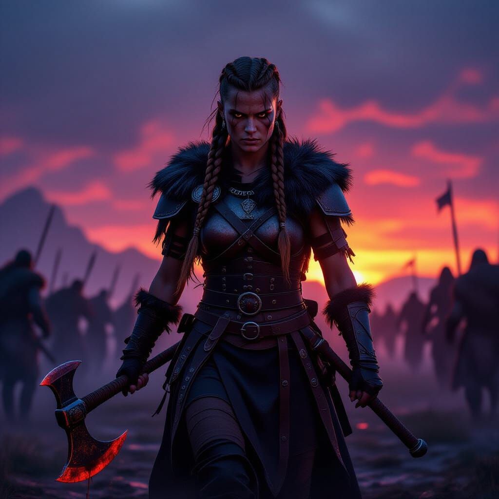 Viking Warrior Woman on Misty Battlefield at Dusk
