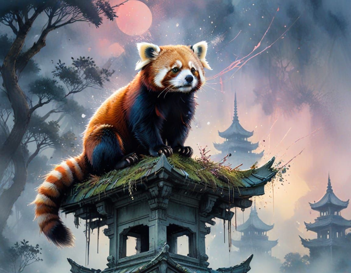 Red Panda Explorer in Ethereal Watercolour Style
