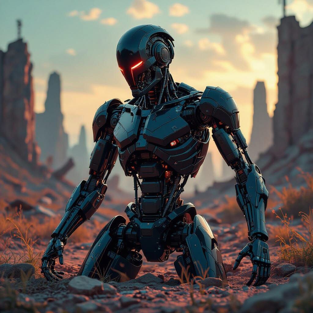 Catastrophic Cyborg in Ruined Landscape: Mechanical Horror