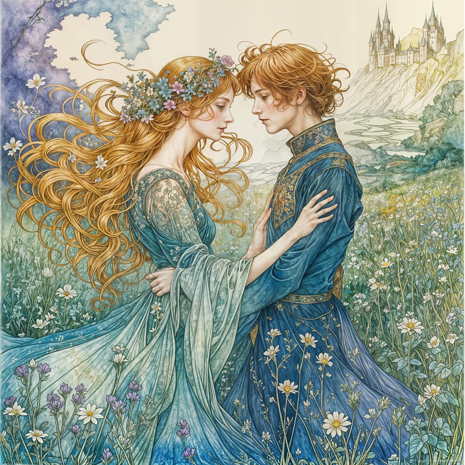 Princess and Prince Dancing in Whimsical Art Nouveau Style