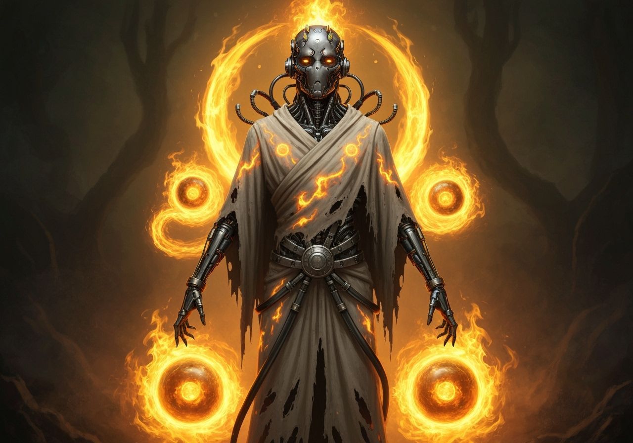 Solar Cyborg in Eerie, Fiery Landscape