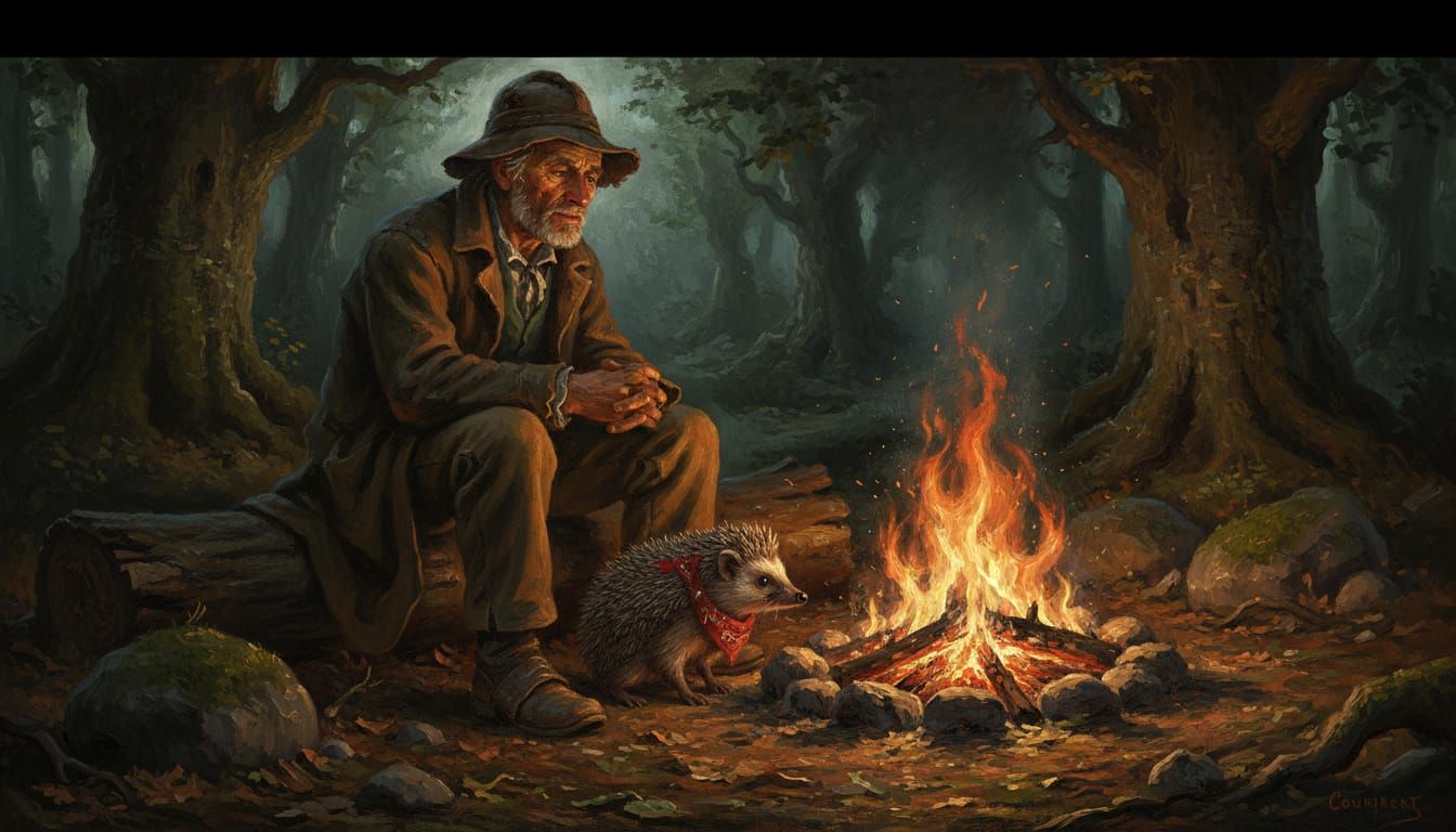 Old Explorer and Hedgehog by Campfire in Ancient Forest