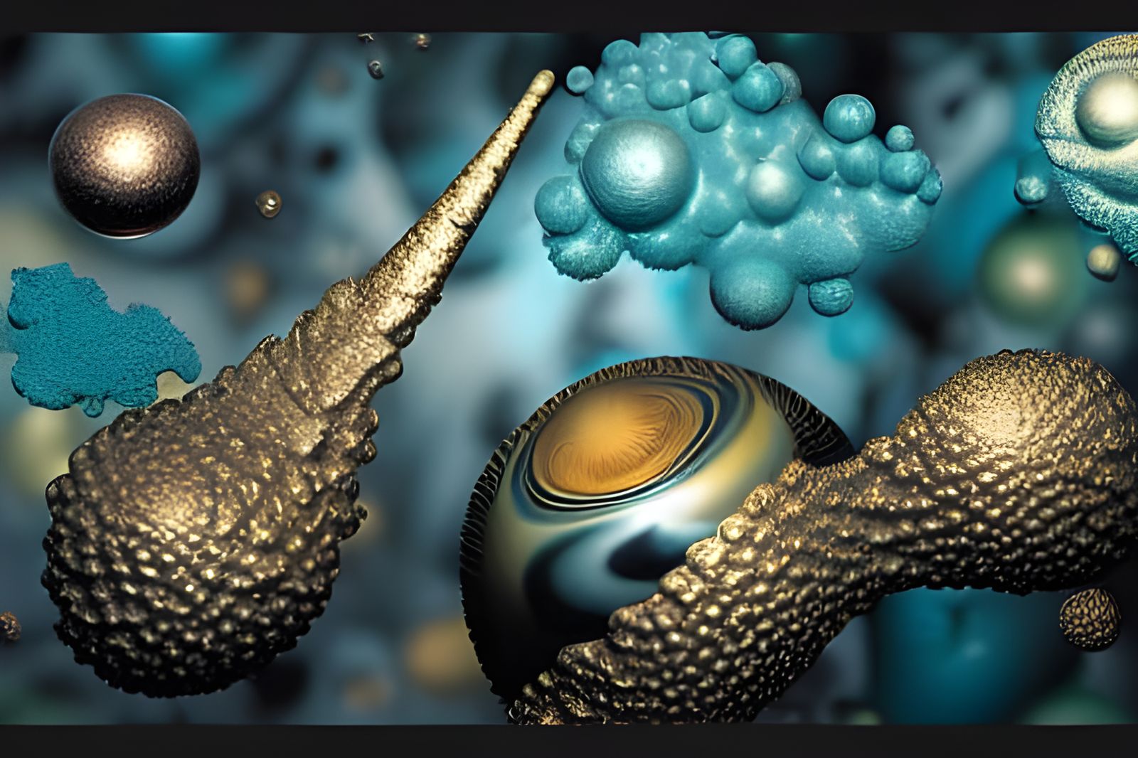 Eldritch Mandelbulb of Interstellar Debris in Teal and Gold