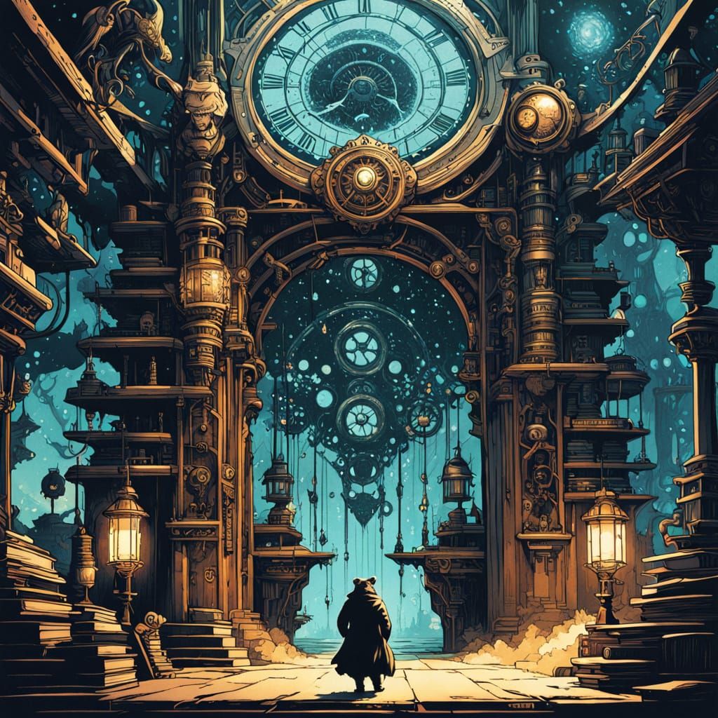 Steampunk Oak Library with Bear in Art Nouveau Style