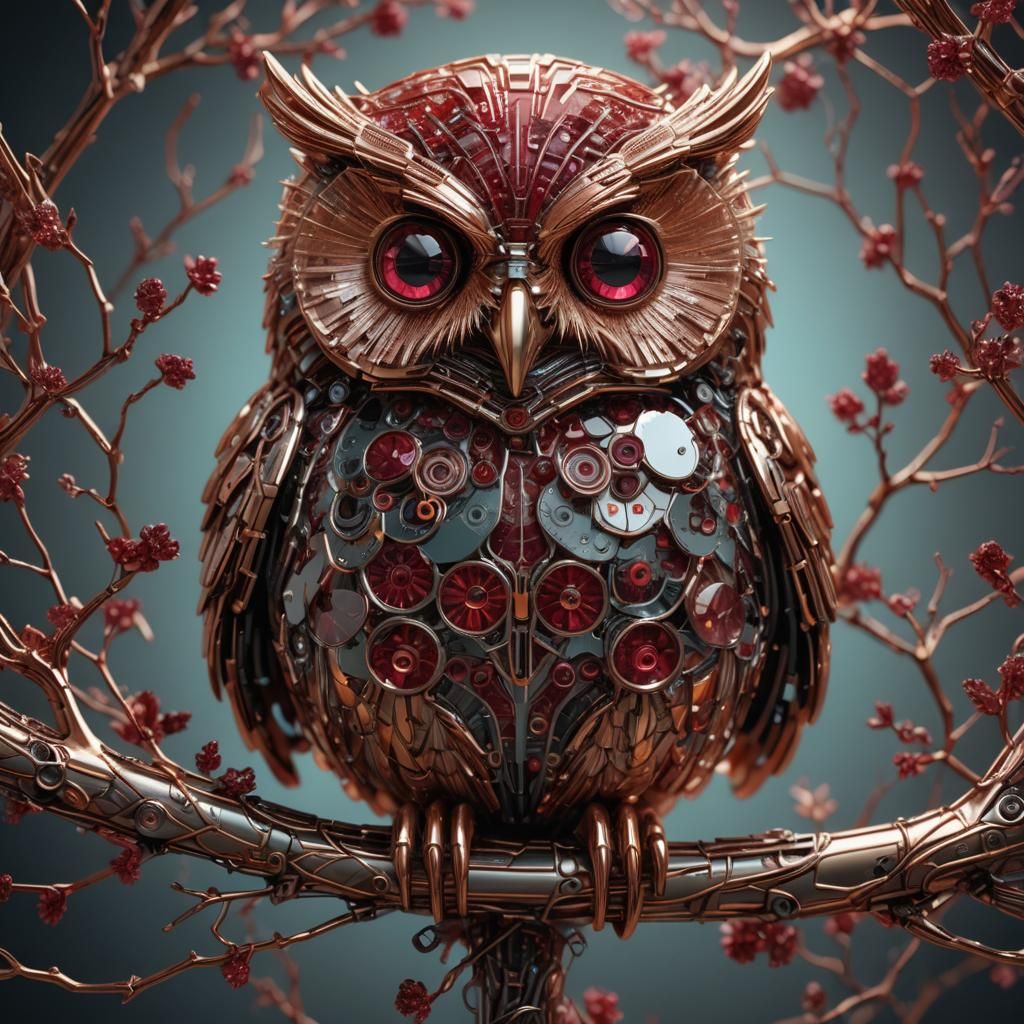Hyper realistic cute adorable fluffy circuit board owl, on a branch, ruby glass-like, surrealist, copper glow, glowing w...
