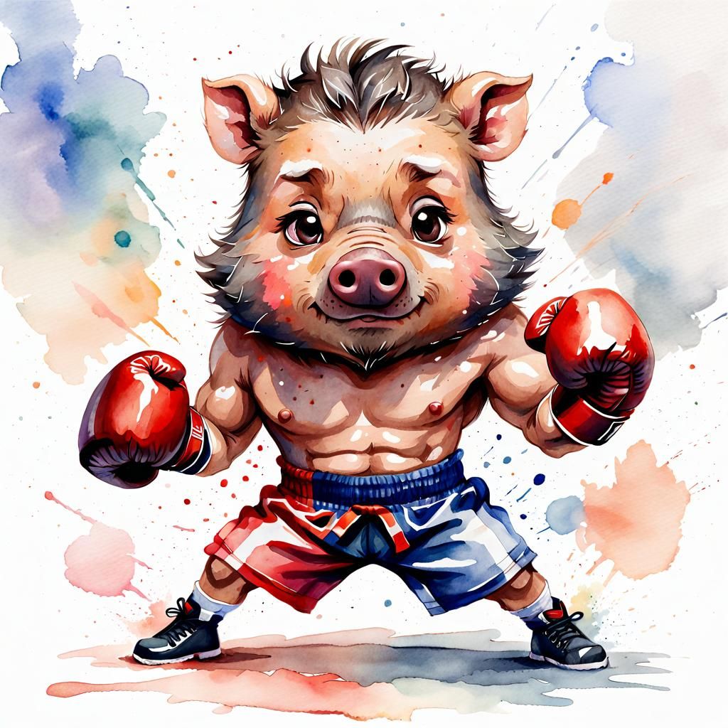 The Boxing Boar Takes Center Stage, chibi style, watercolour