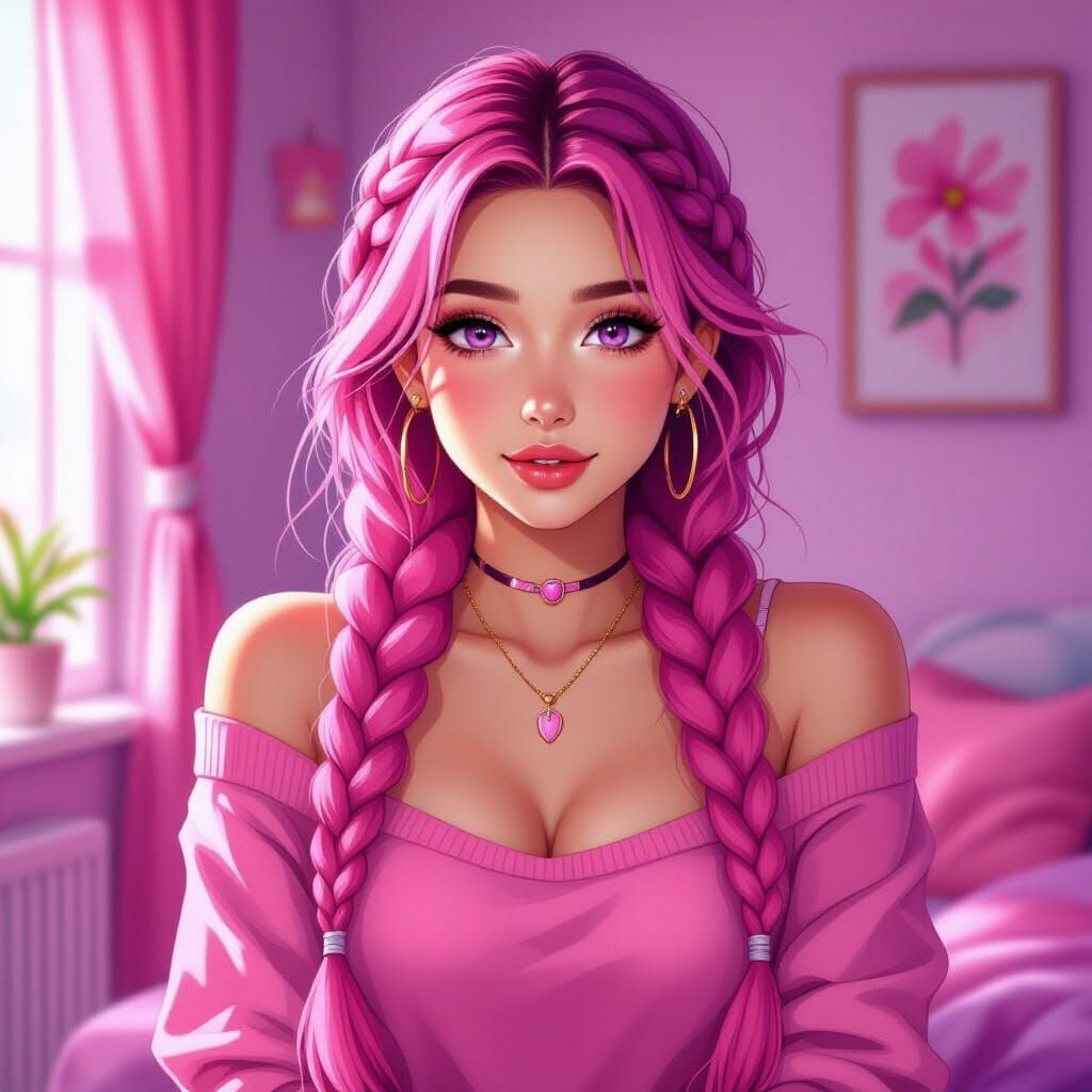 Anime Style Woman in Pink Room with Pink Braids