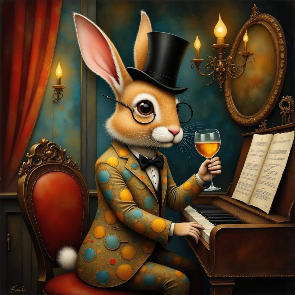 Anthropomorphic Rabbit Plays Piano in Surreal Jazz Club