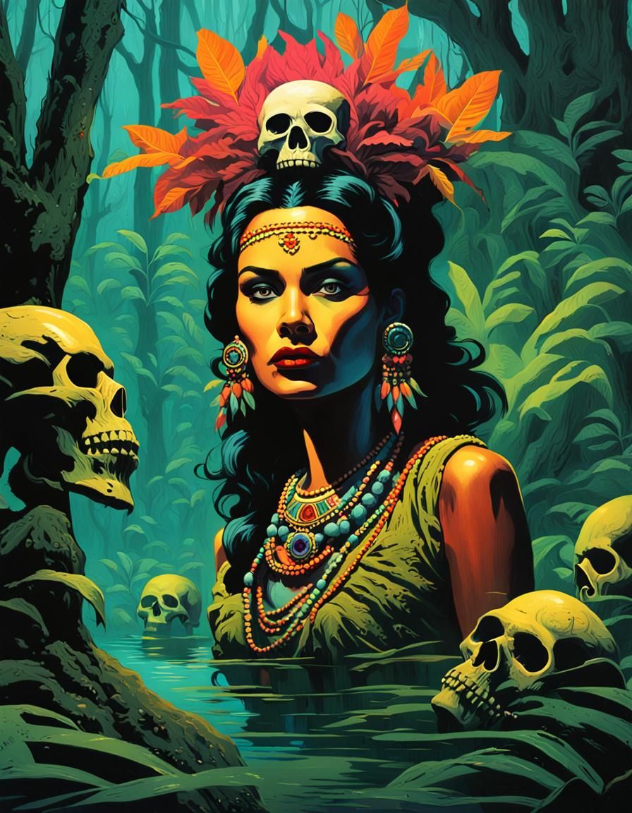 Amazonian Queen in Eerie Mangrove Swamp, Pulp Art