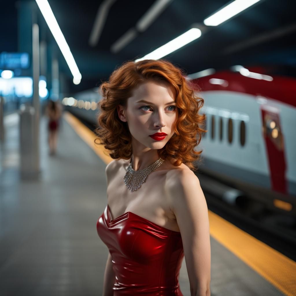 Redhead in Latex Dress Awaits Bullet Train