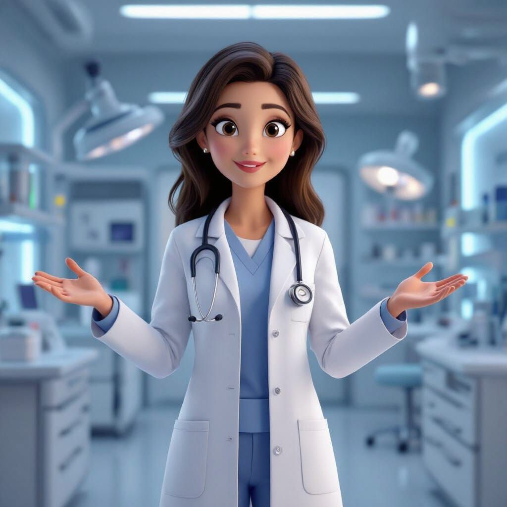 Female Doctor in Modern Clinic: Pixar-Style 3D Render