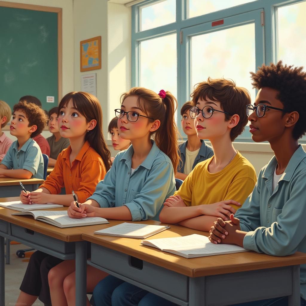Attentive Students in a Modern Classroom, Illustration Style