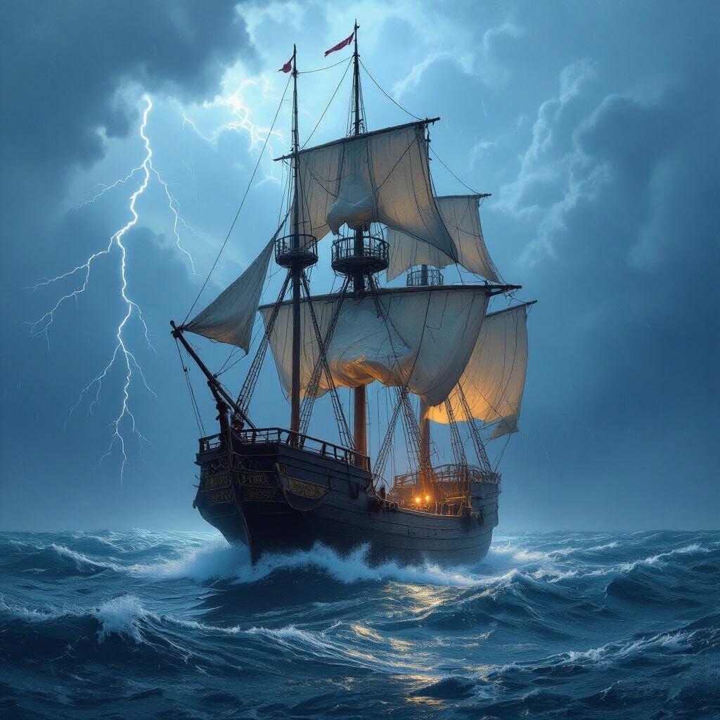 Majestic Ship in Stormy Seas, Matte Painting Style