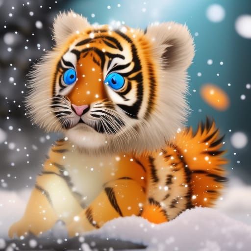 Cartoon Baby Tiger in Sparkling Winter Scene