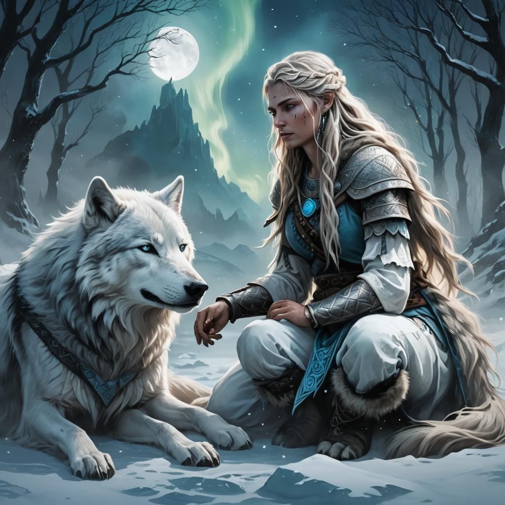 Viking Warrior with Wolves in Moonlit Landscape