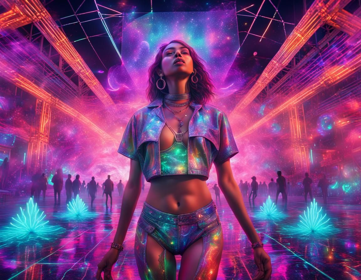Woman at Techno Rave in Neon Lighting