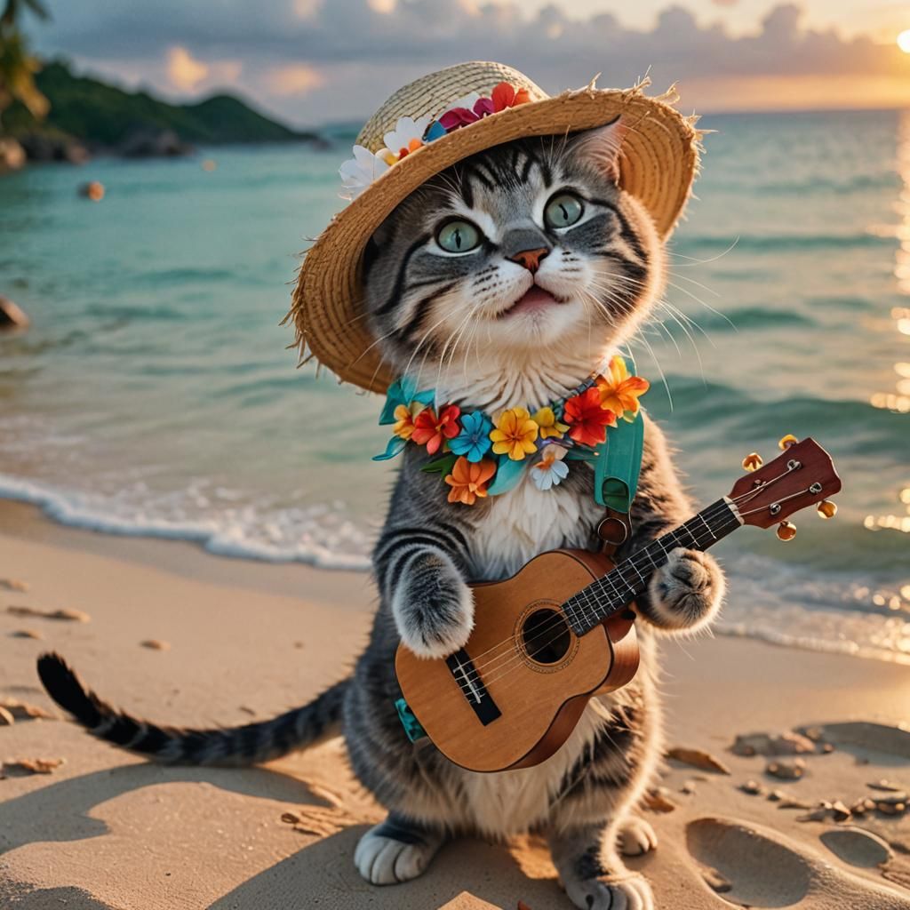 Cat Plays Ukulele on Tropical Beach at Sunset