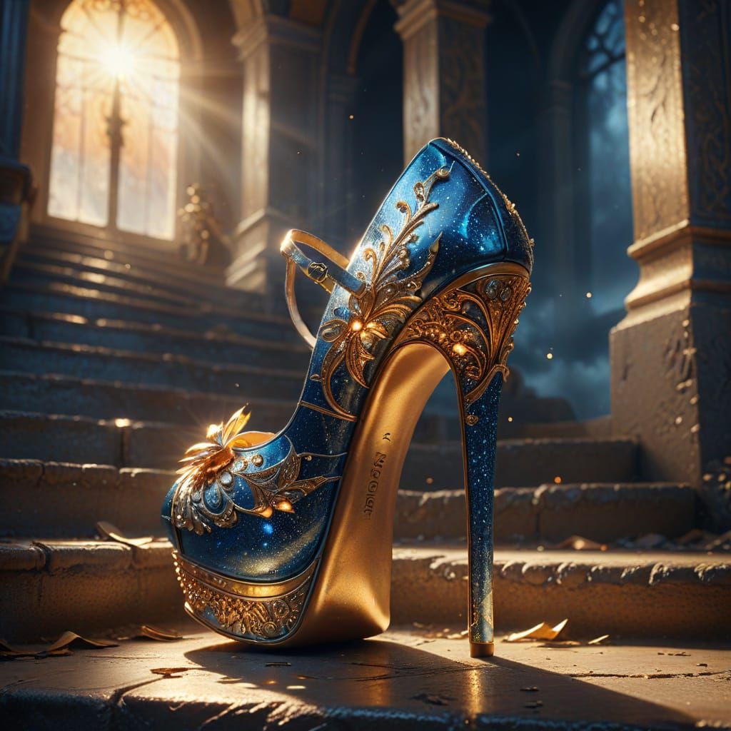 Moody Glass Shoe on Staircase in Golden Light