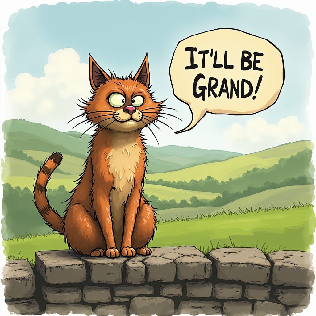 Optimistic Irish Cat on Stone Wall Illustration