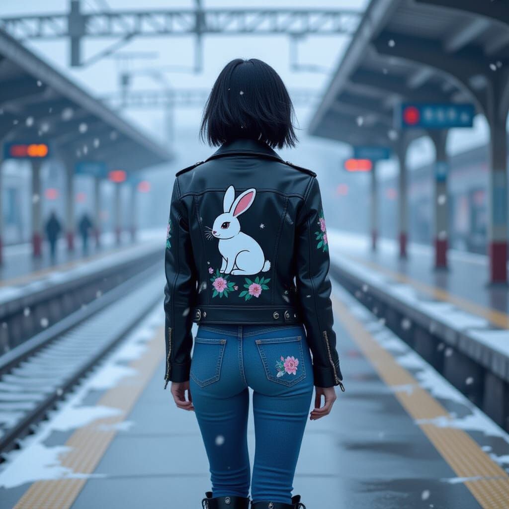 Anime Style Woman on Snowy Train Platform