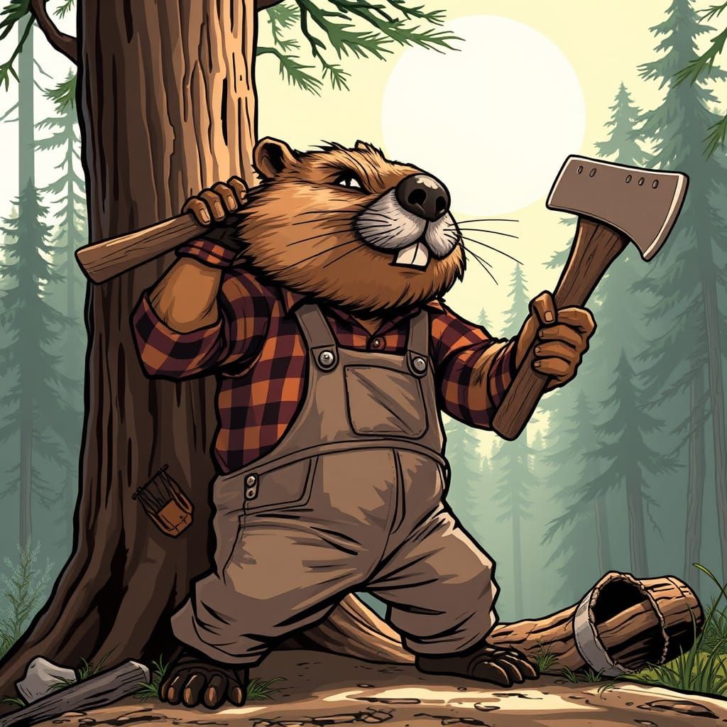 Rugged Beaver Lumberjack in Dynamic Comic Book Style