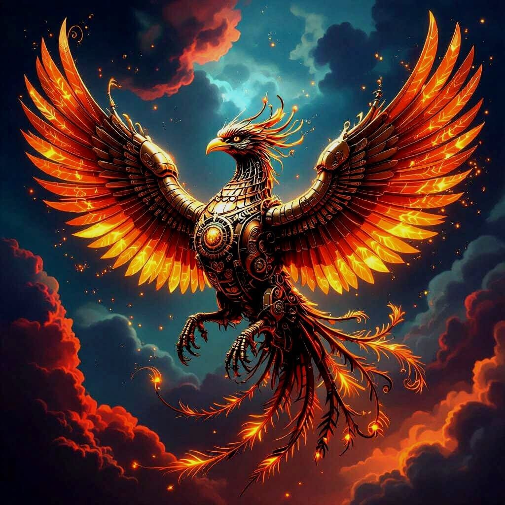 Mechanical Phoenix Soars Through Vivid Skies - Steampunk Con...