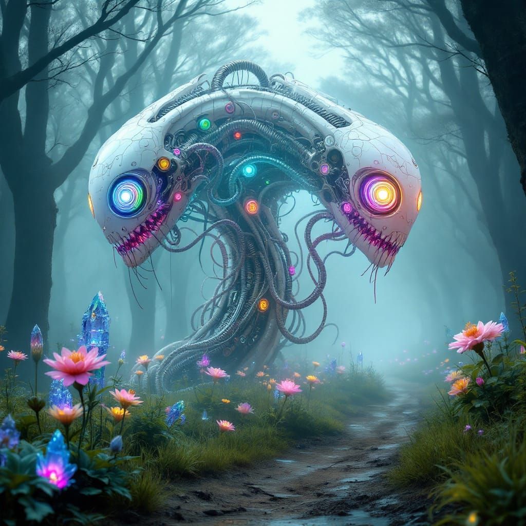 Biomechanical Beings in a Cyberpunk Forest