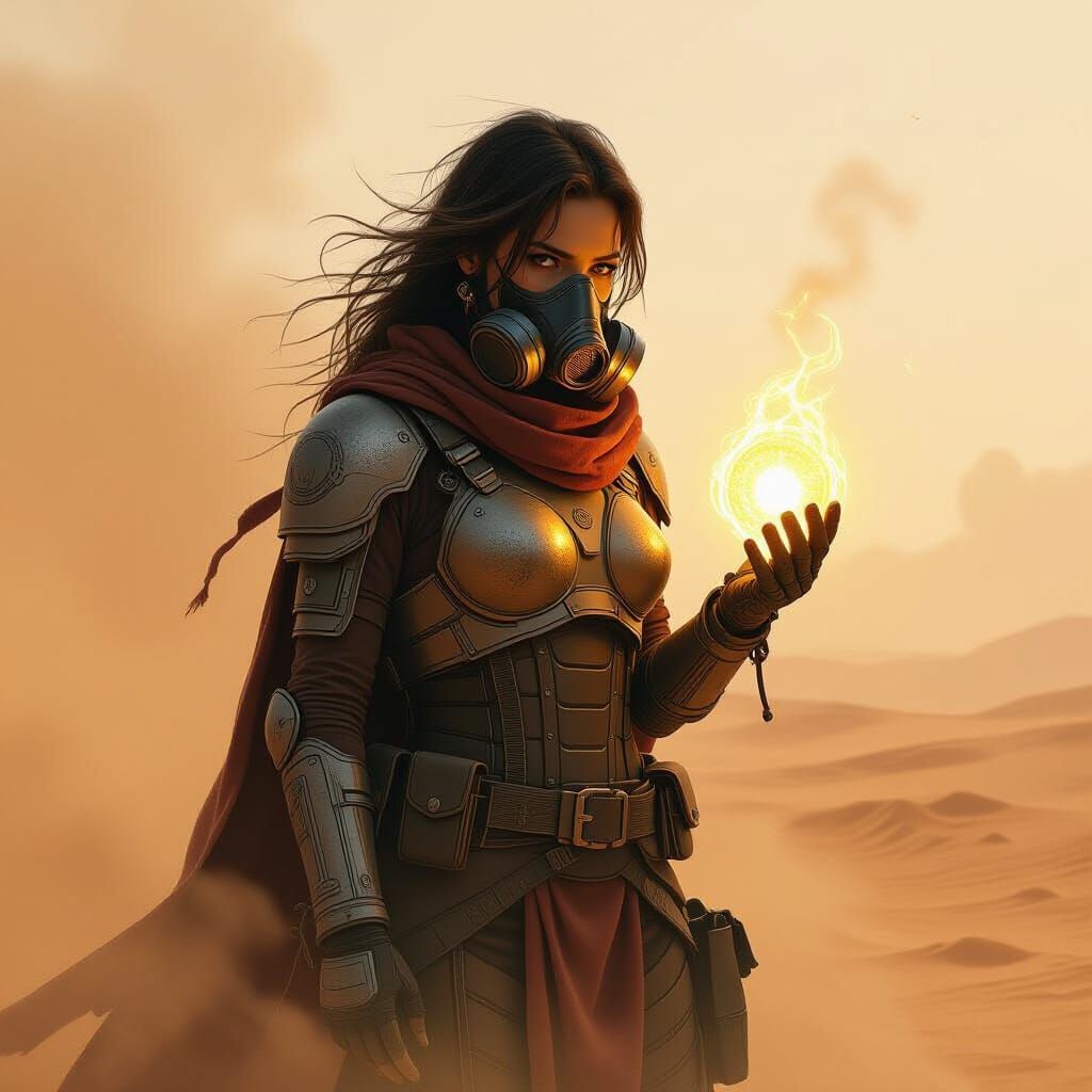 Apocalyptic Scavenger with Glowing Relic in Dust Storm