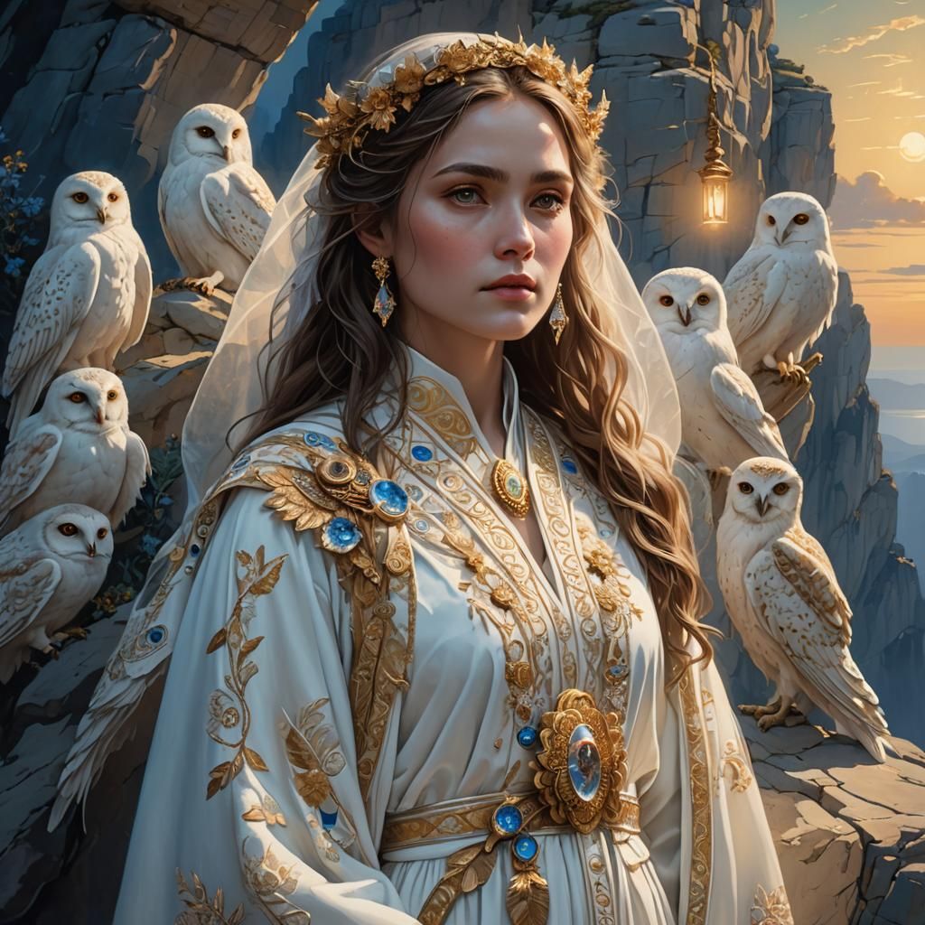 Ethereal Woman with Owls in Renaissance Style