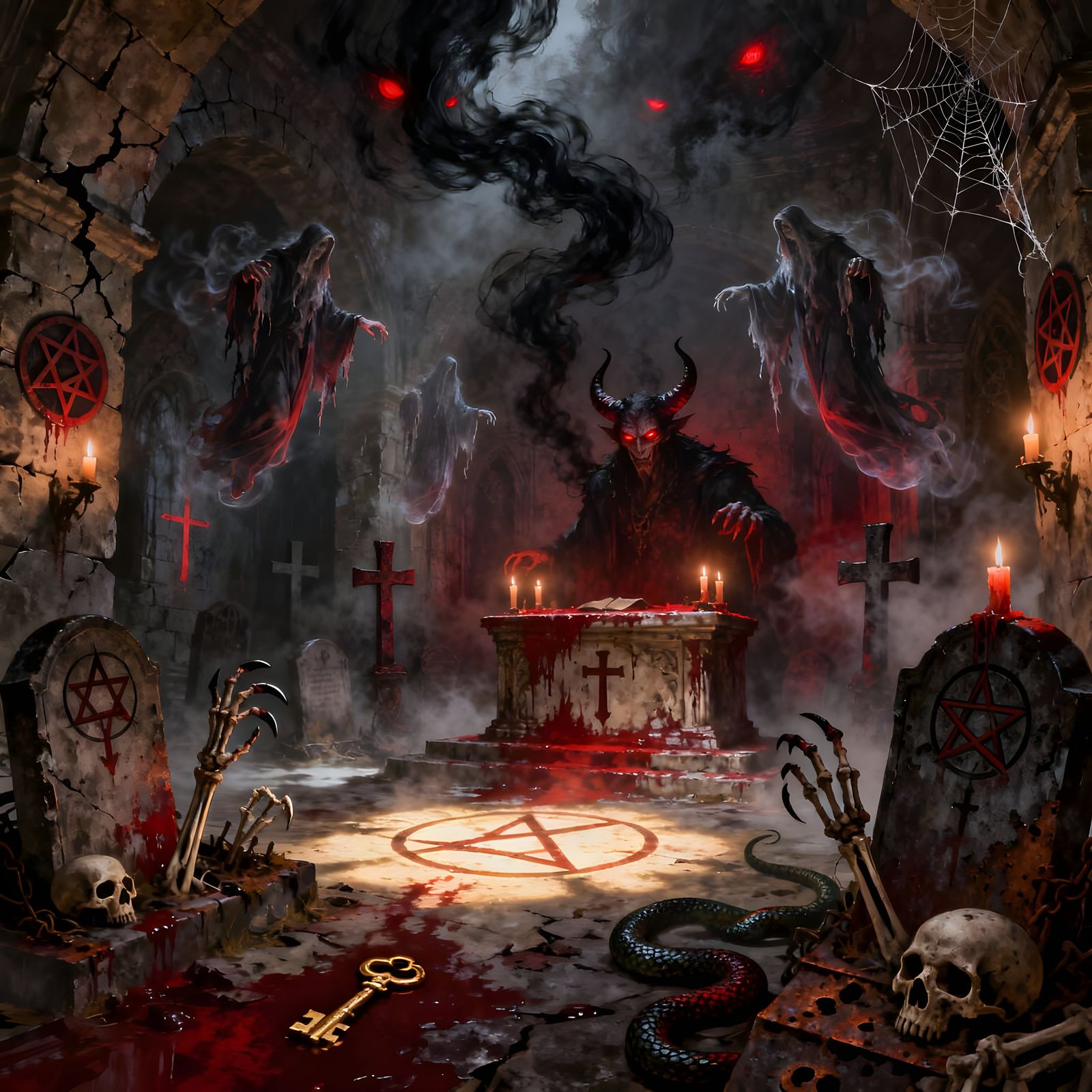 Satanic Ritual in Macabre Crypt, Horror Art