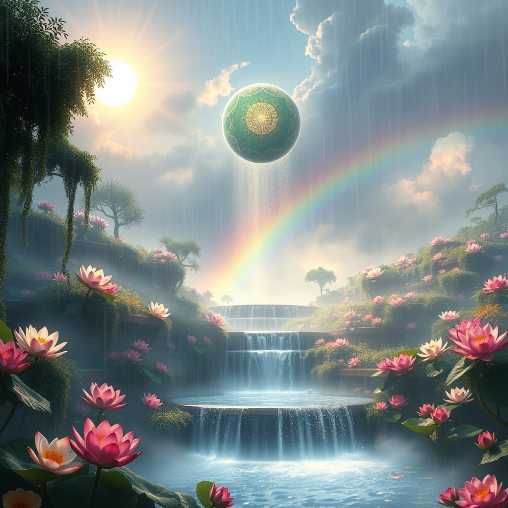 Enchanted Garden with Rainbow Waterfall in Anime Style