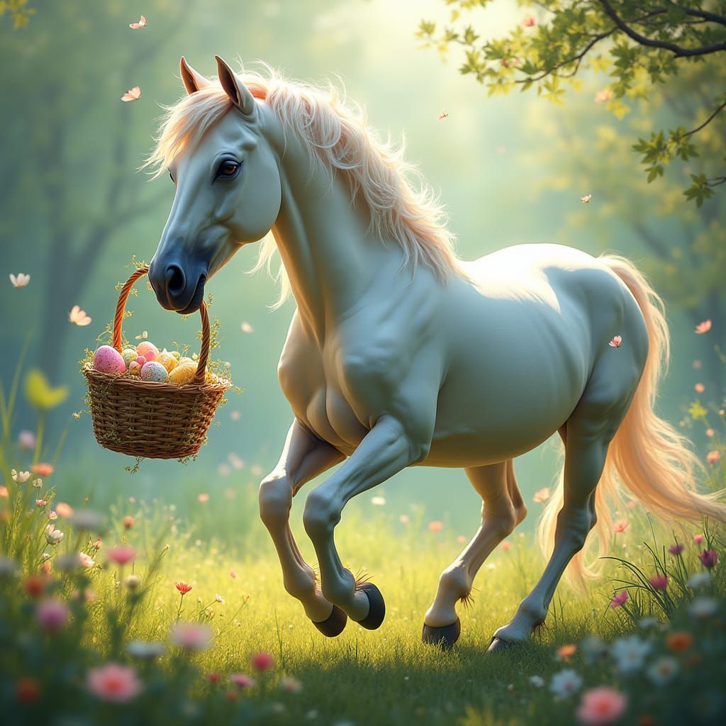 Majestic Horse Prances with Vibrant Easter Basket