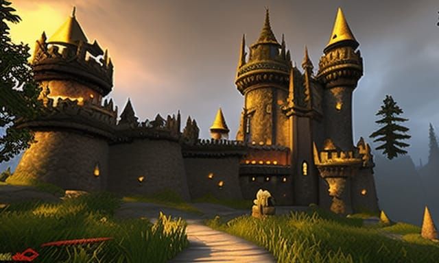 Epic Gothic Castle Nathria in Rain at Night