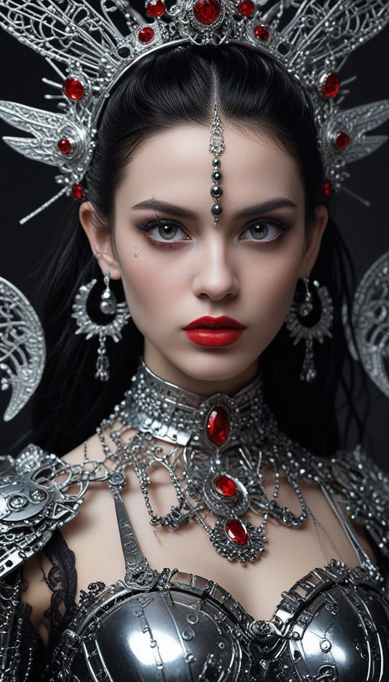 Ethereal Metallic Punk Goddess with Fairy Wings and Piercing...