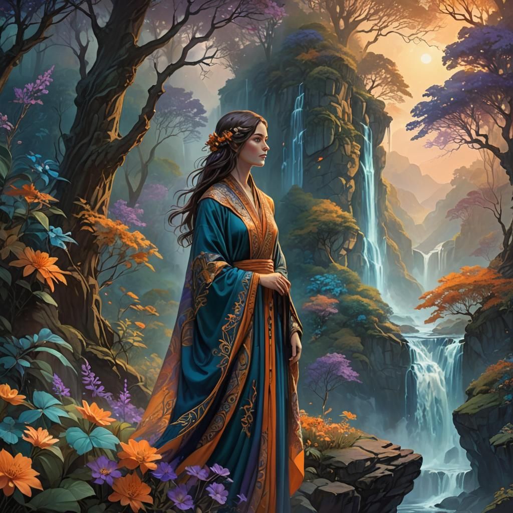 Woman in Mystical Forest, Fantasy Matte Painting