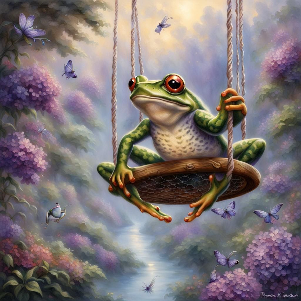 Frog Acrobat on Trapeze with Flowers, Ethereal Style