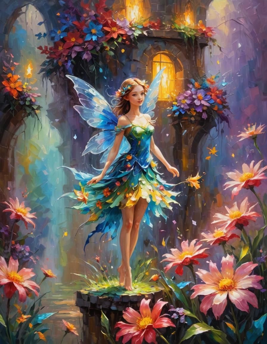Glowing Fairy with Vibrant Flowers as Impressionist Painting