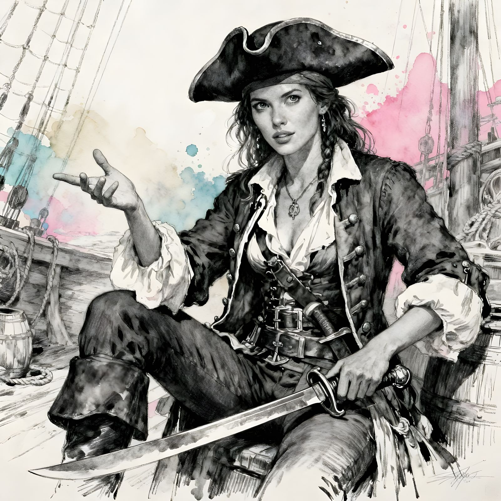 Pirate Woman in Watercolour Charcoal with Pastel Splashes