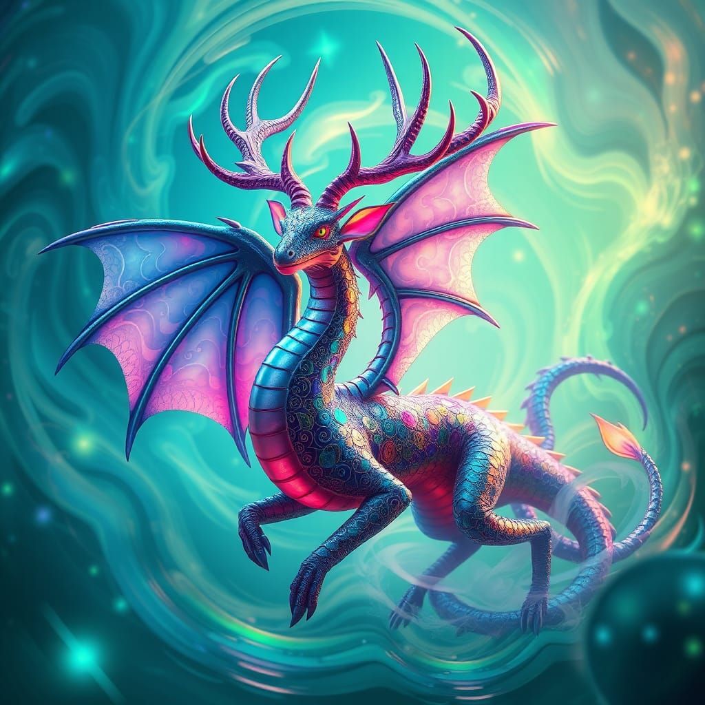 Iridescent Dragon-Stag Hybrid in Dreamlike Landscape