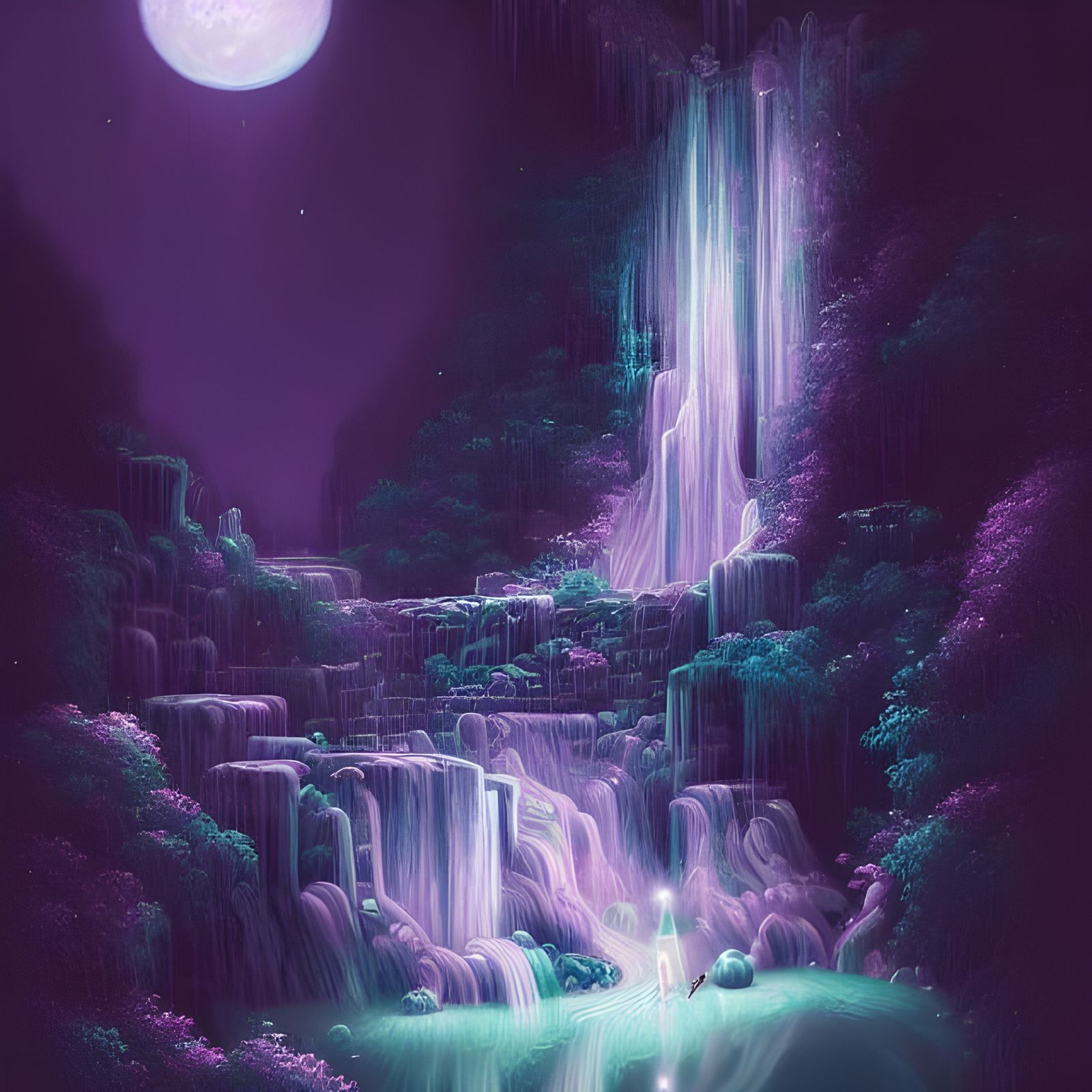 Magical Waterfall at Night in Pastel Illustration