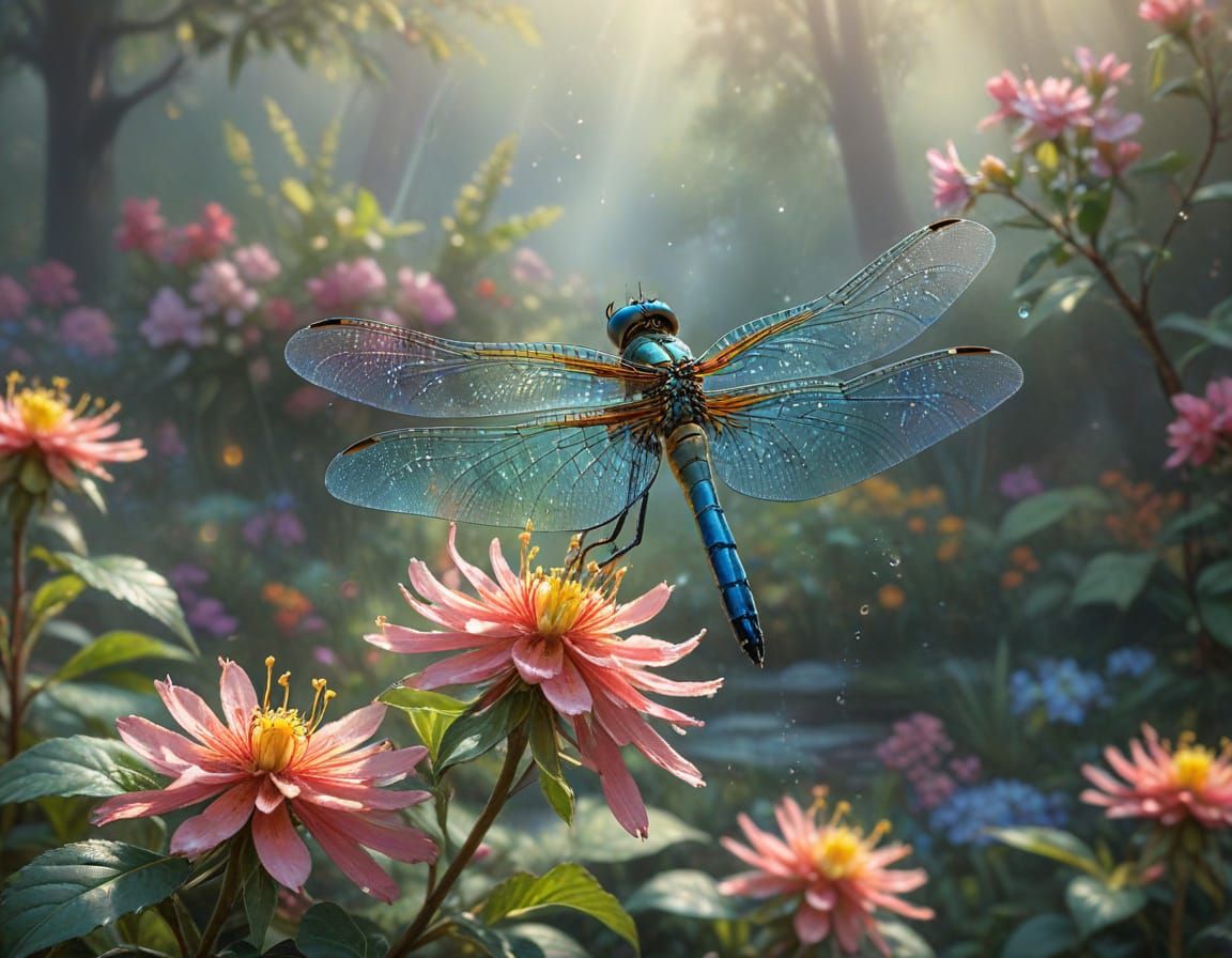 Dragonfly on Honeysuckle in Sunlit Garden