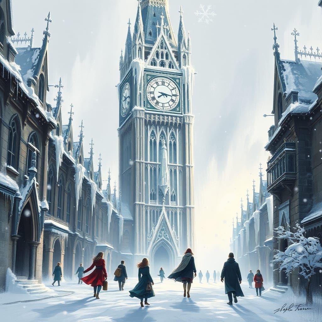 Frozen Clock Tower in Eternal Winter, Gothic Architecture
