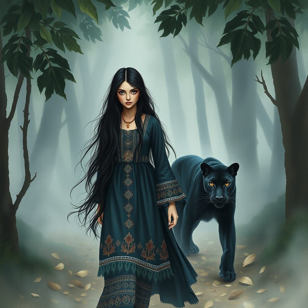 Woman in Misty Forest with Panther, as Watercolor Art