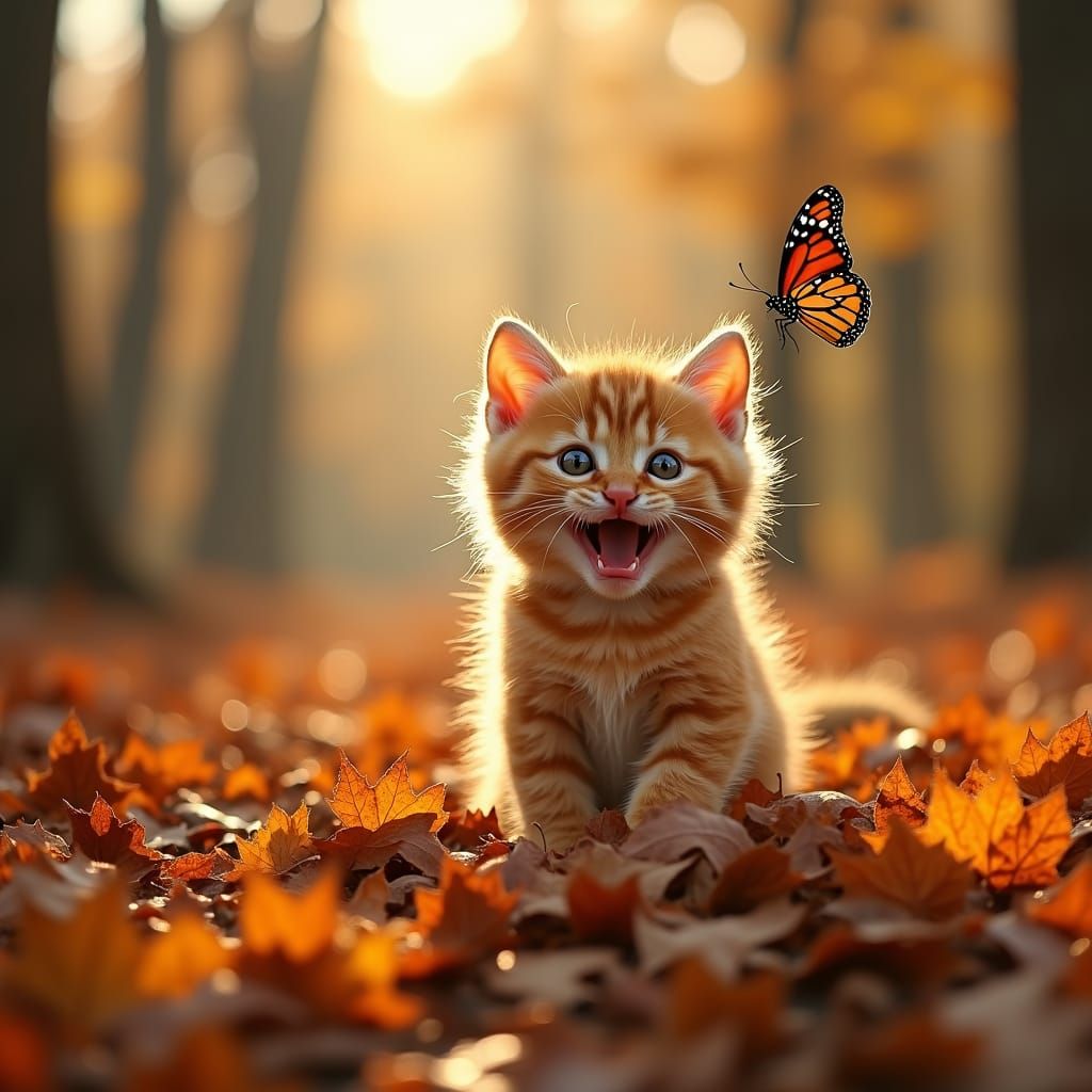 Happy Kitten Plays in Autumn Leaves with Butterfly
