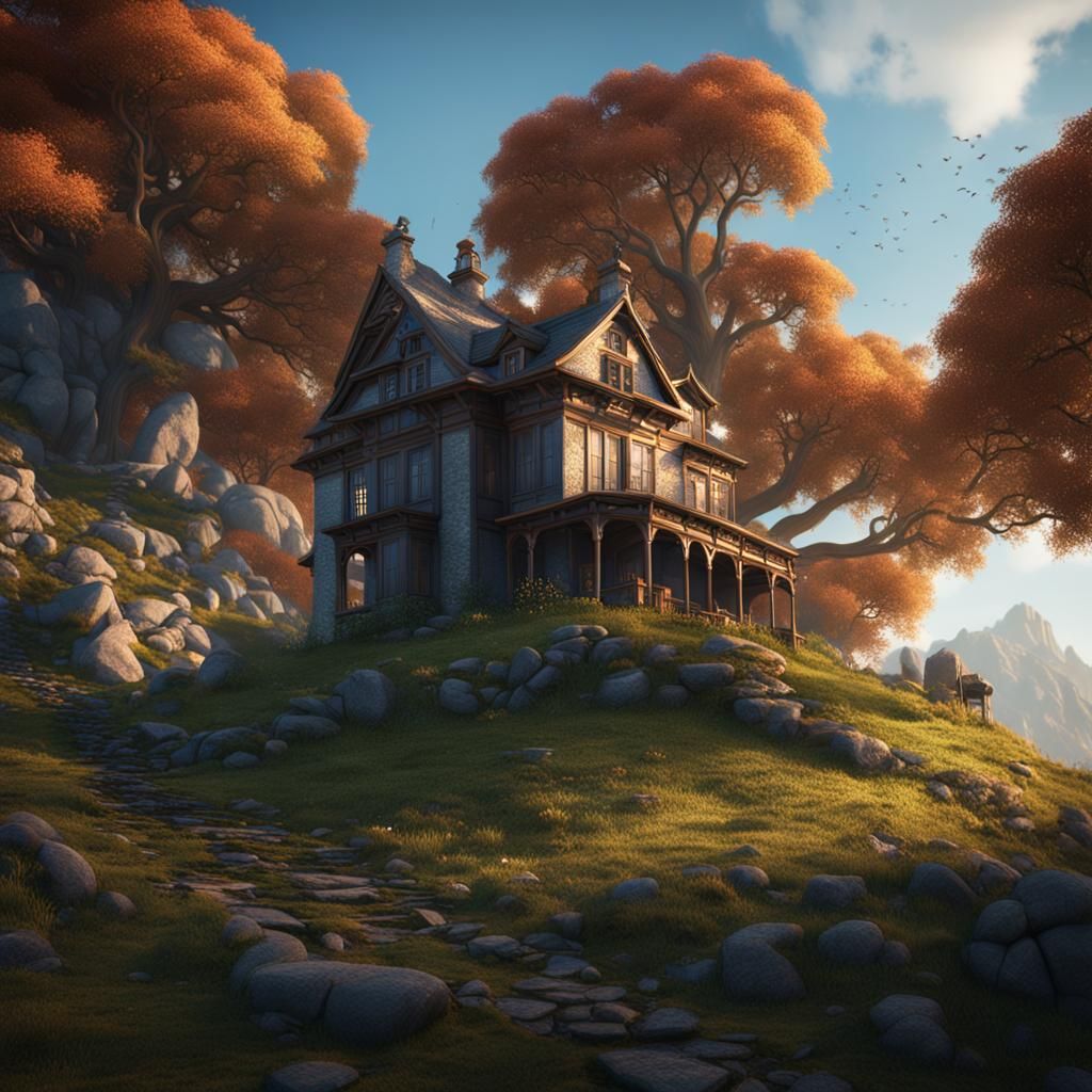 House on Hill with Shady Tree in Detailed Matte Painting
