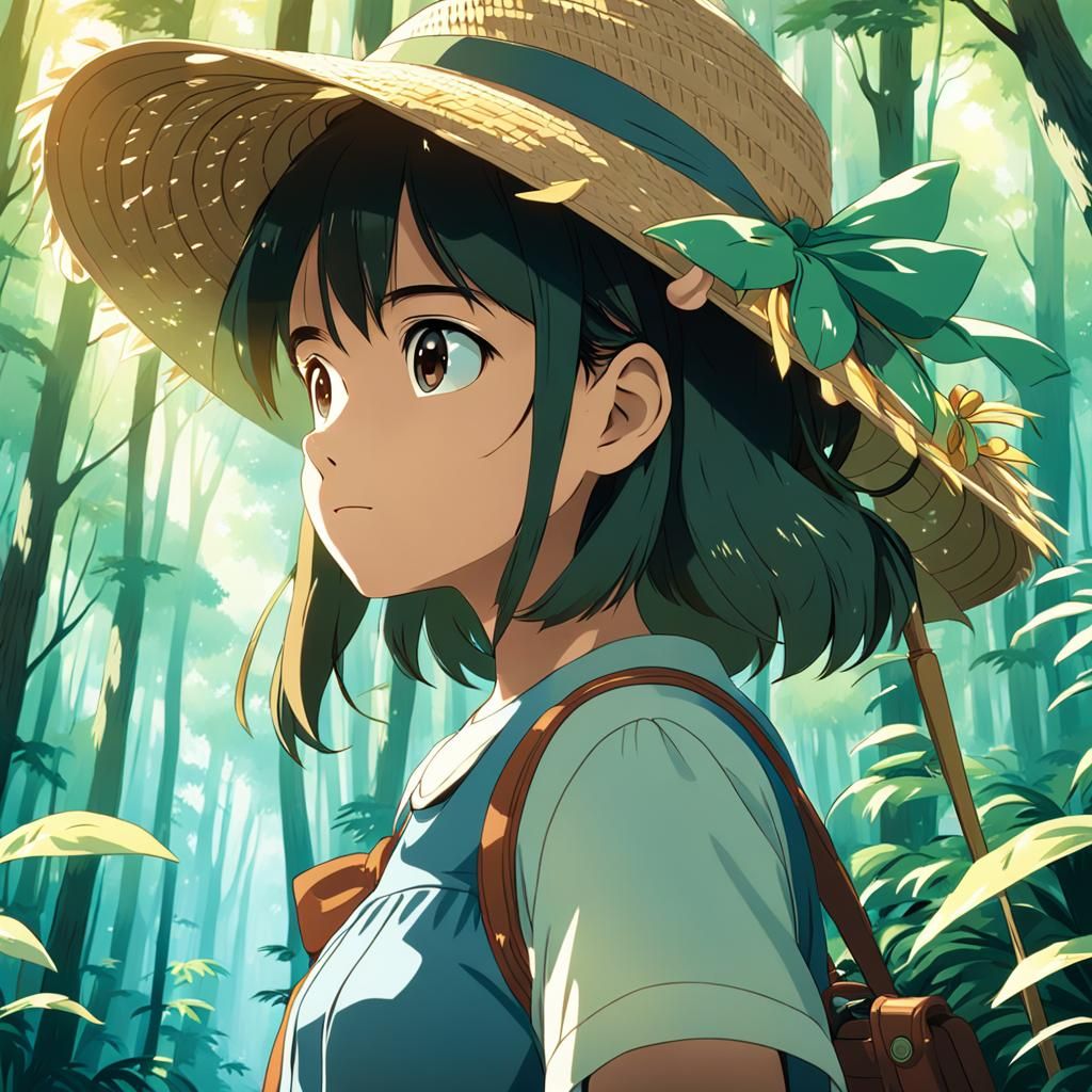 Ghibli Style Girl With Straw Hat in Forest