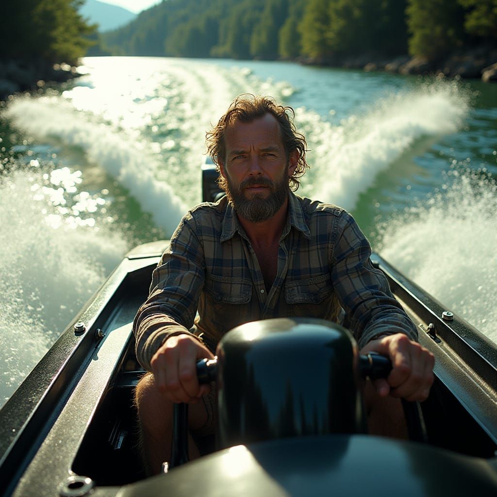 Rugged Outdoorsman Cruises Carbon-Fiber Speedboat Through Em...